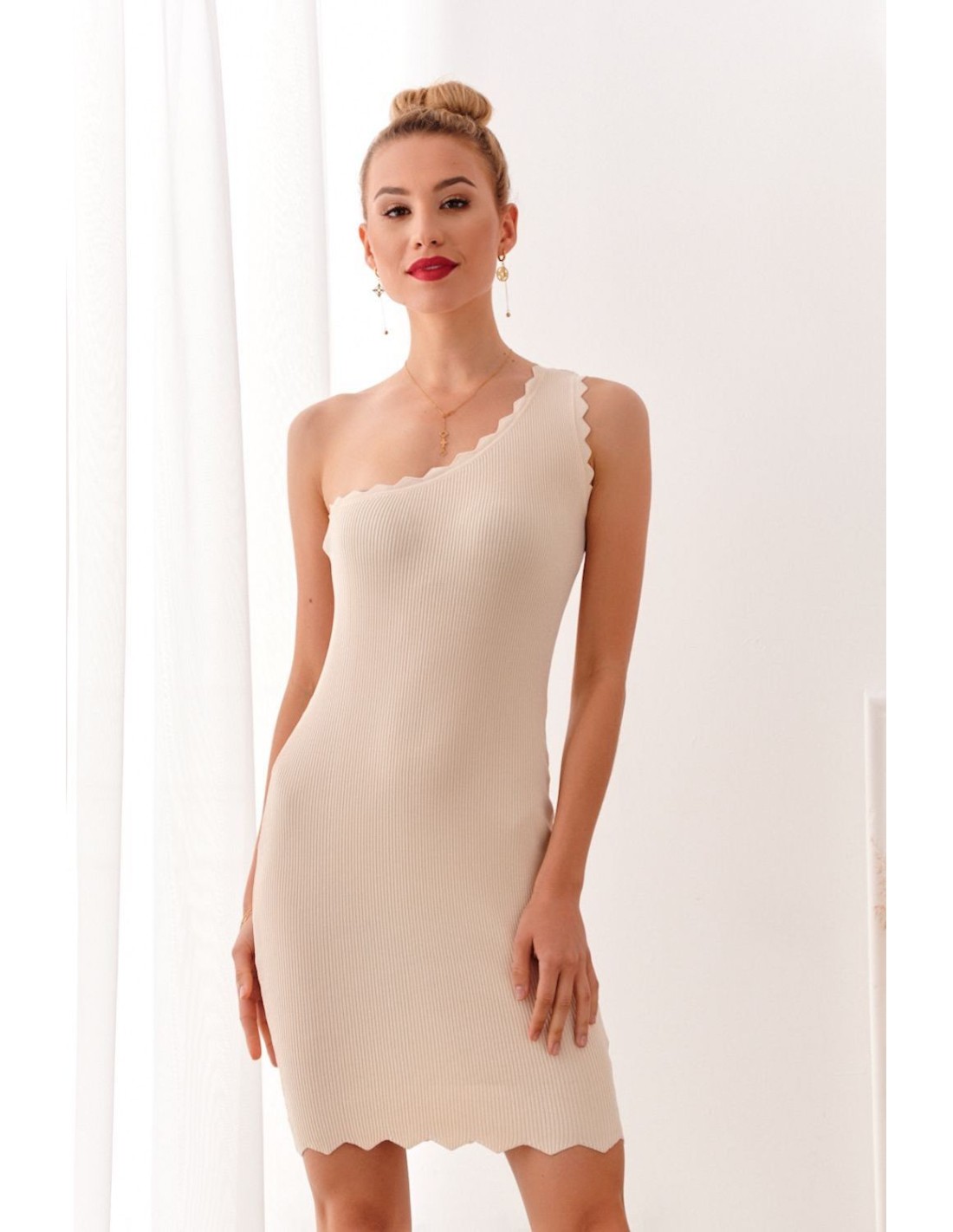 Fitted one-shoulder dress, beige 08210 - Online store - Boutique